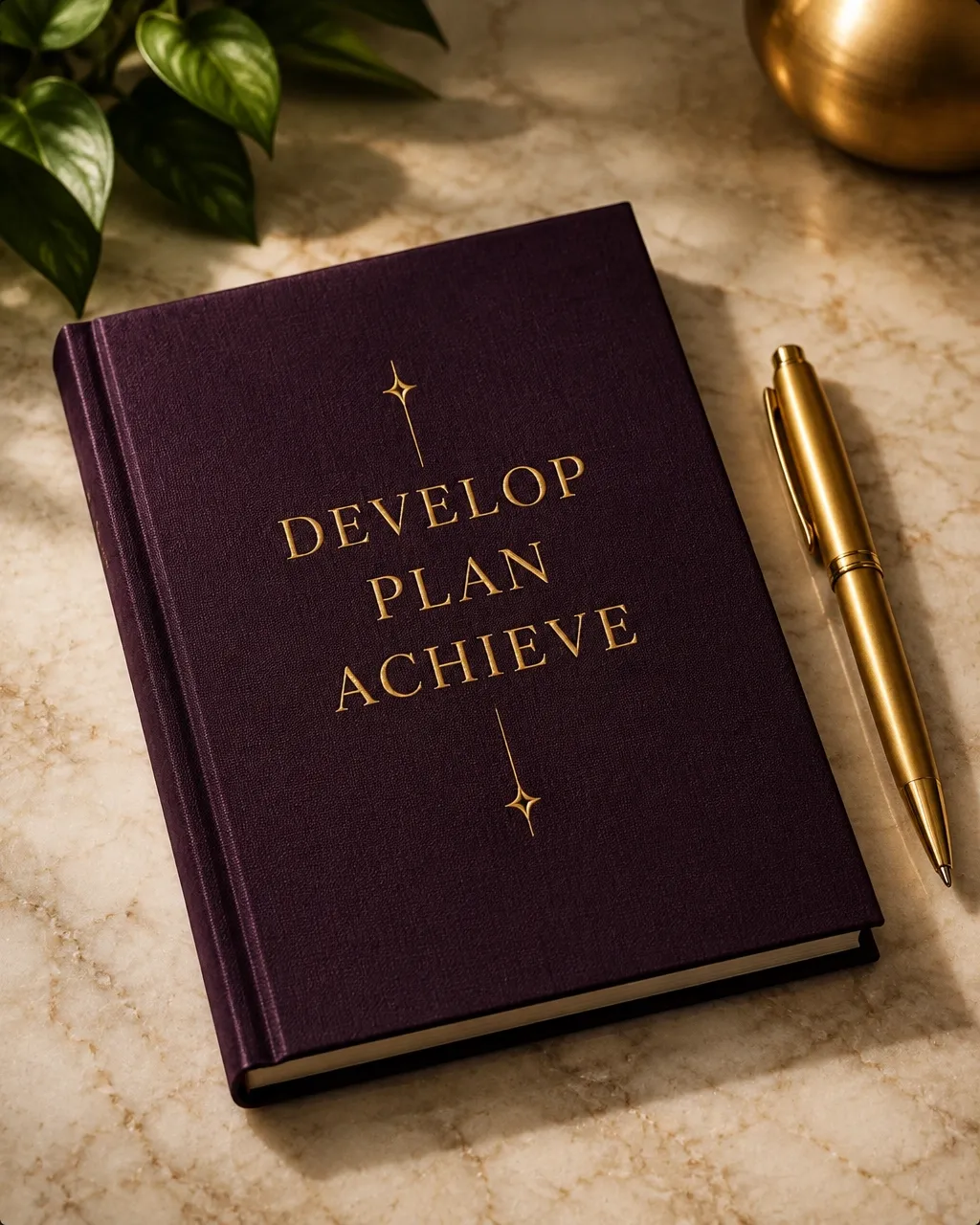 Personal development planner with a gold pen